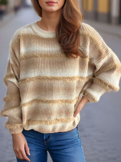 Gradient Round Neck Dropped Shoulder Sweater-Angel Casuals