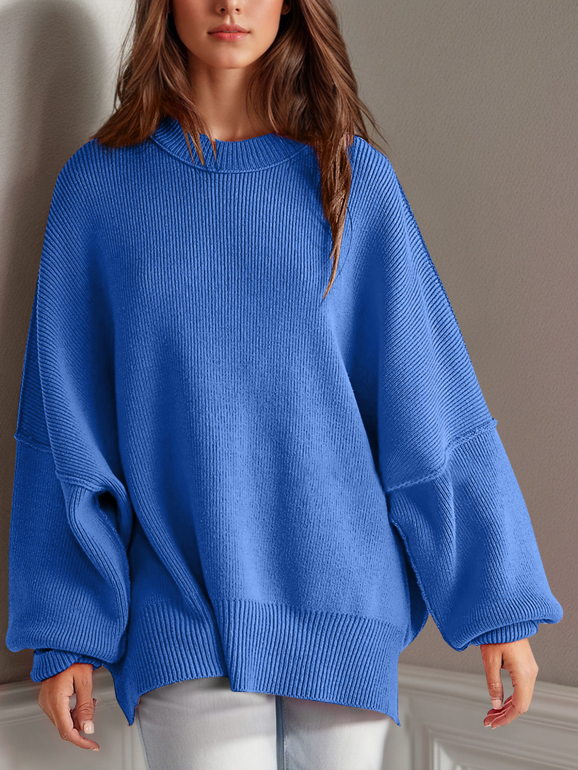 Double Take Side Slit Round Neck Long Sleeve Sweater-Angel Casuals