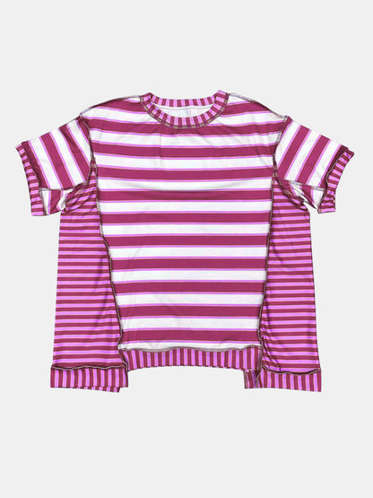 Full Size Contrast Stitching Striped Round Neck T-Shirt-Angel Casuals