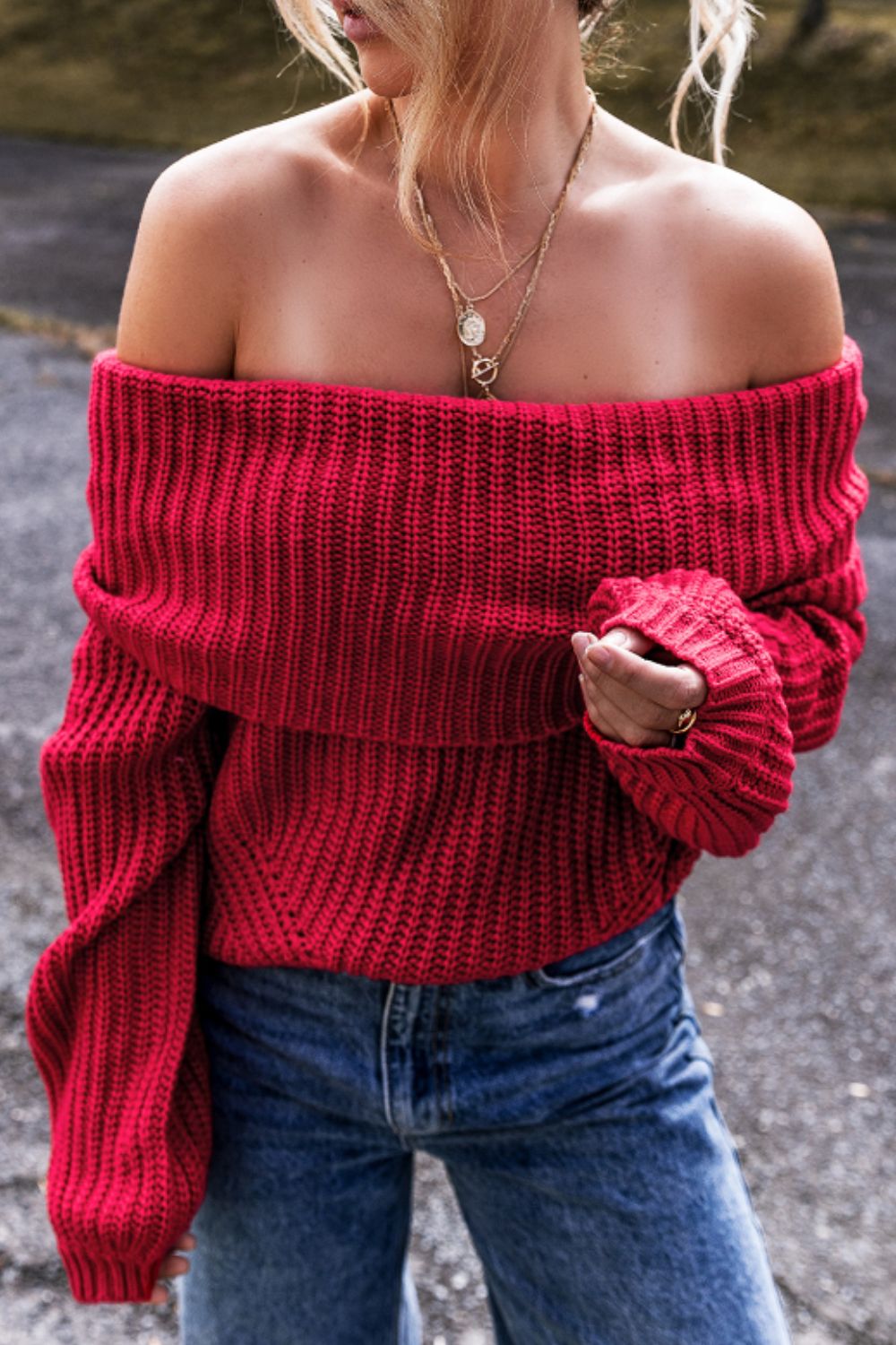 Off-Shoulder Long Sleeve Sweater-Angel Casuals