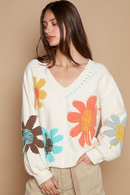 POL V-Neck Long Sleeve Flower Fringe Sweater-Angel Casuals