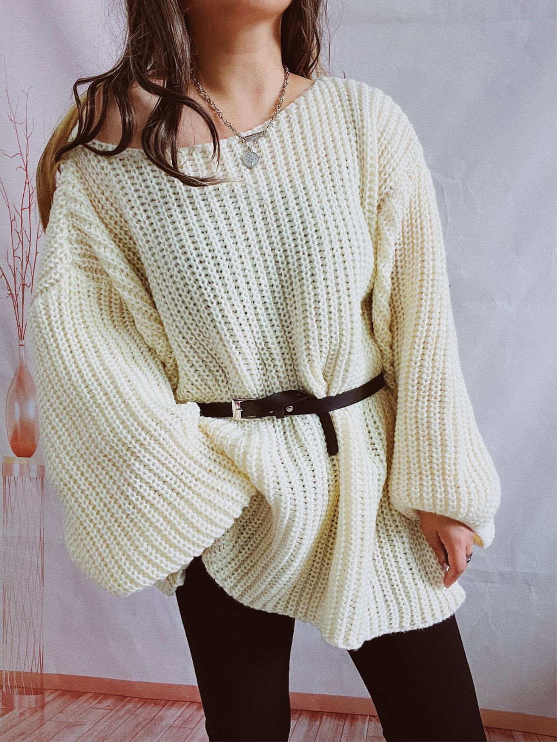 Boat Neck Long Sleeve Sweater with Belt-Angel Casuals