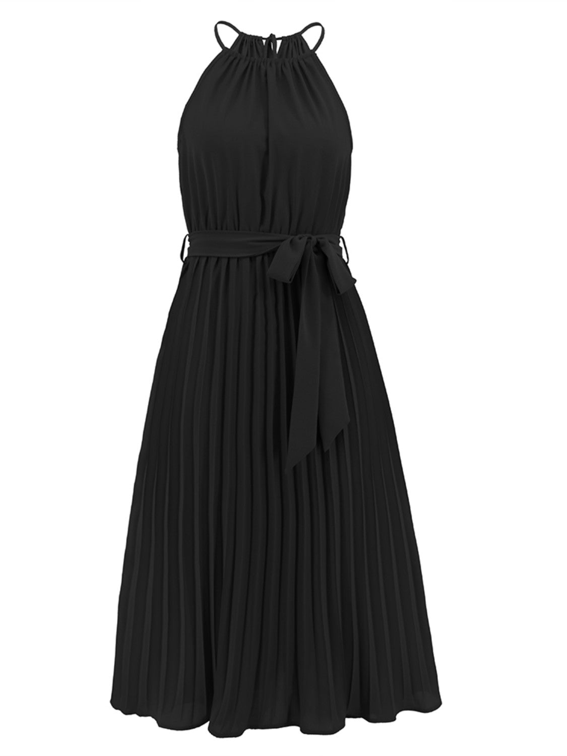 Pleated Spaghetti Strap Tie Waist Midi Dress-Angel Casuals