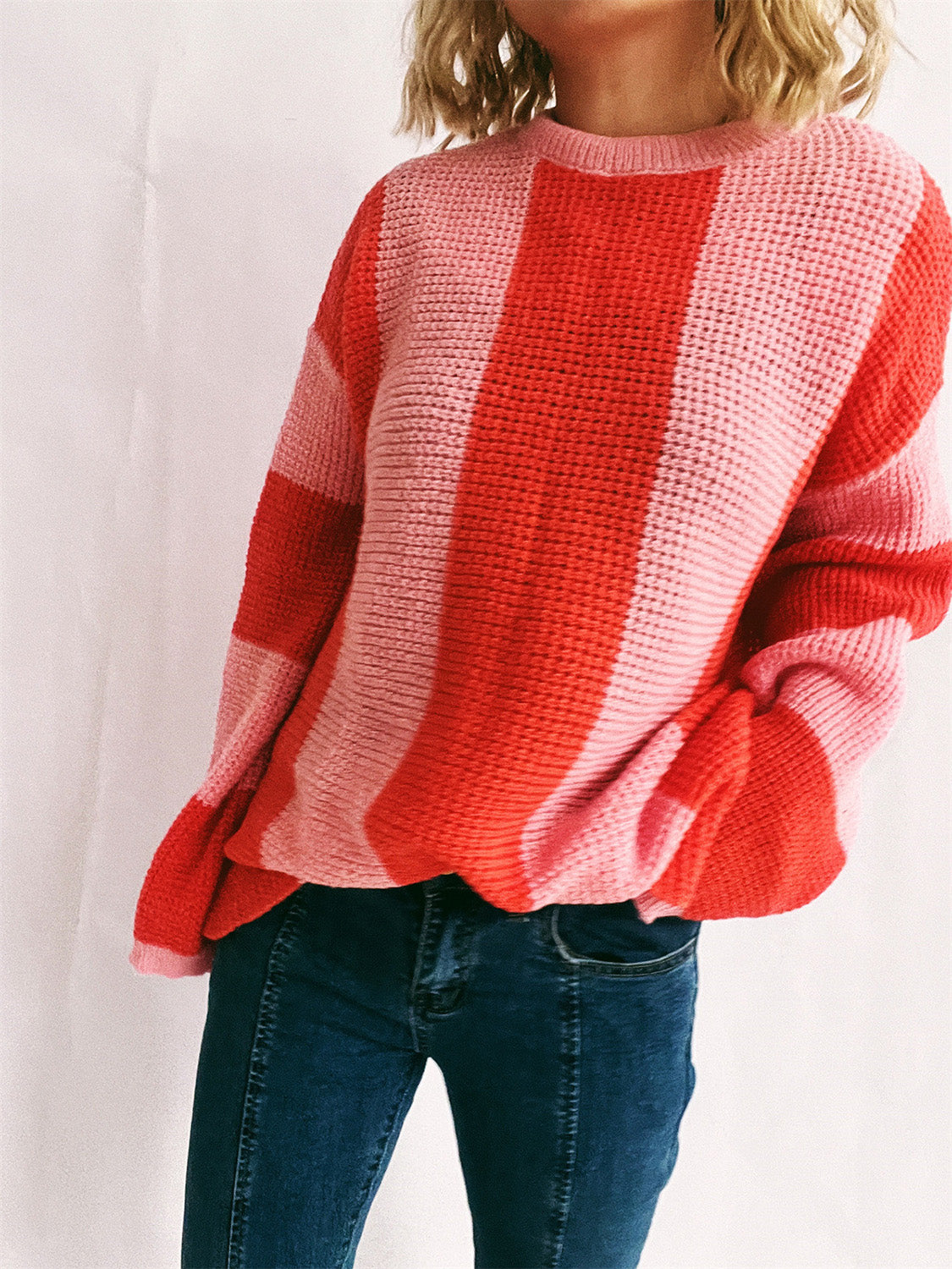 Color Block Round Neck Long Sleeve Sweater-Angel Casuals