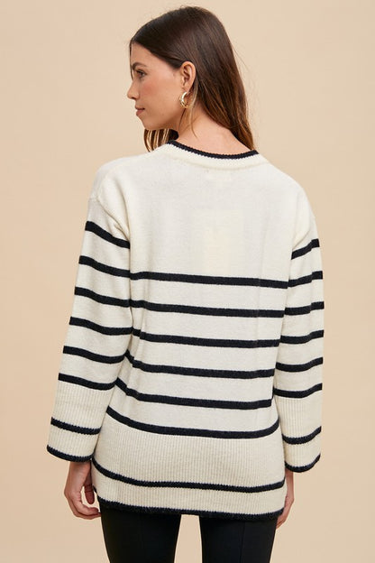 Annie Wear Side Slit Striped Round Neck Sweater-Angel Casuals