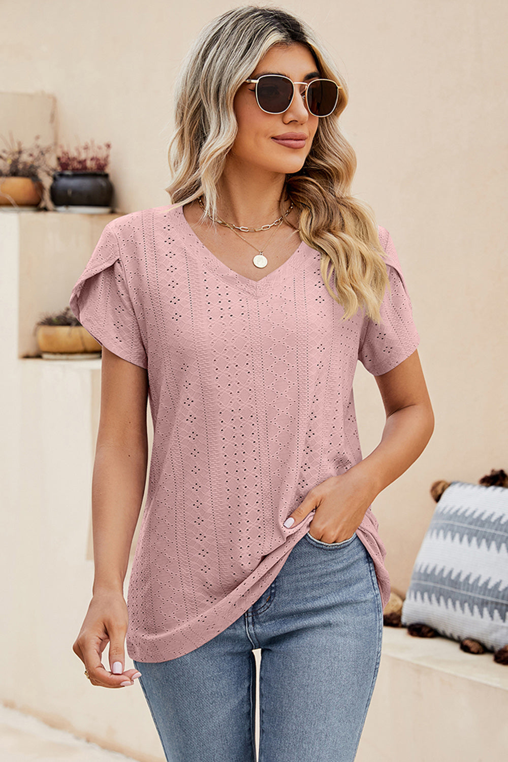 Eyelet V-Neck Petal Sleeve T-Shirt-Angel Casuals