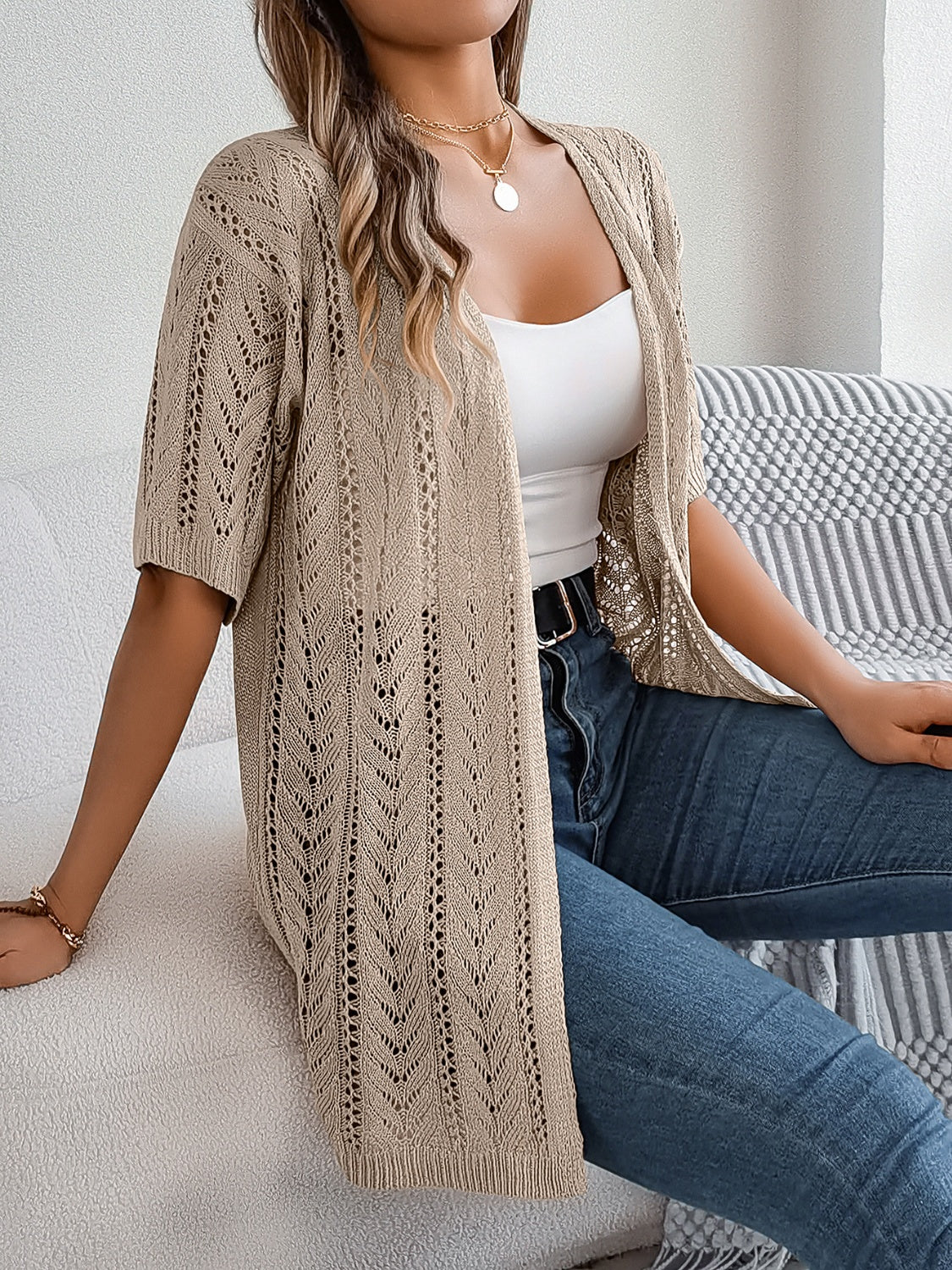 Openwork Open Front Half Sleeve Cardigan-Angel Casuals