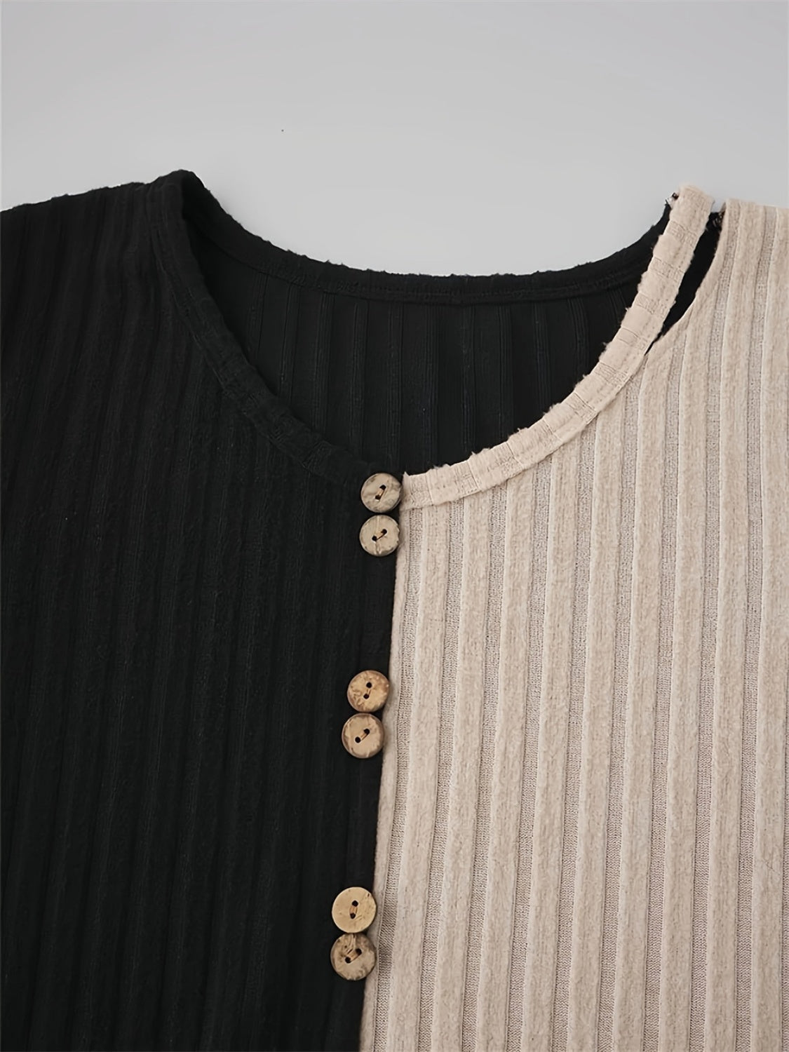Decorative Button Contrast Round Neck Long Sleeve T-Shirt-Angel Casuals