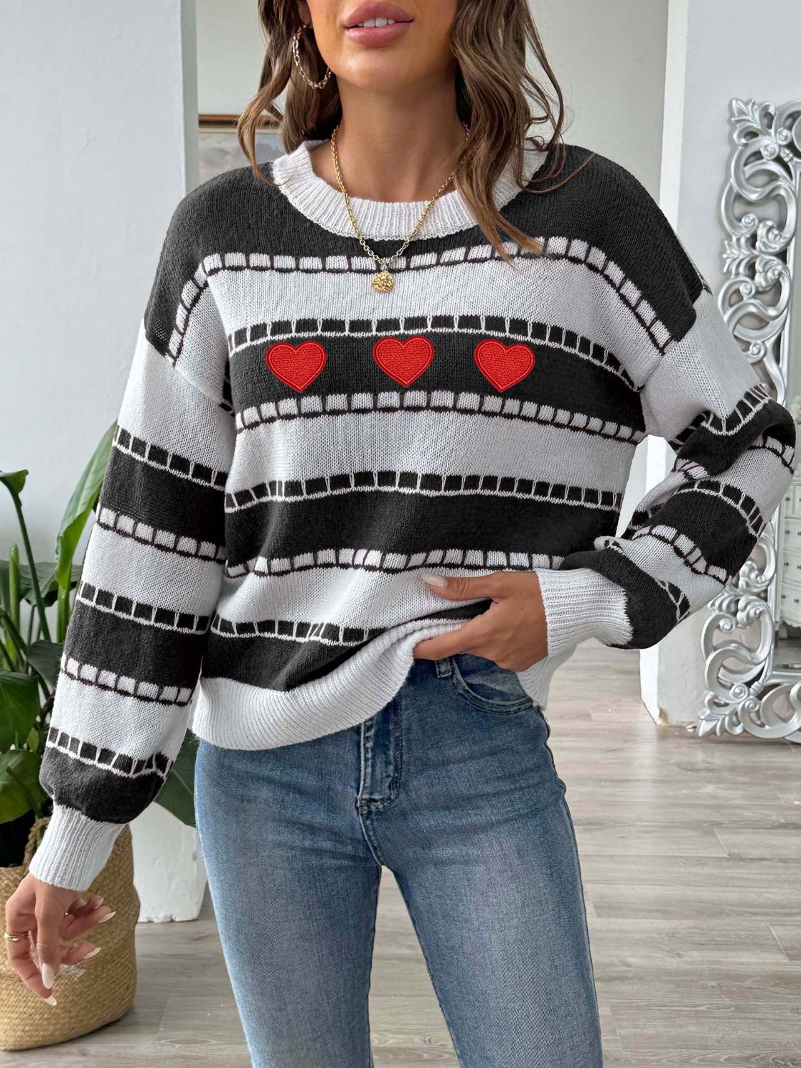 Heart Round Neck Long Sleeve Sweater-Angel Casuals