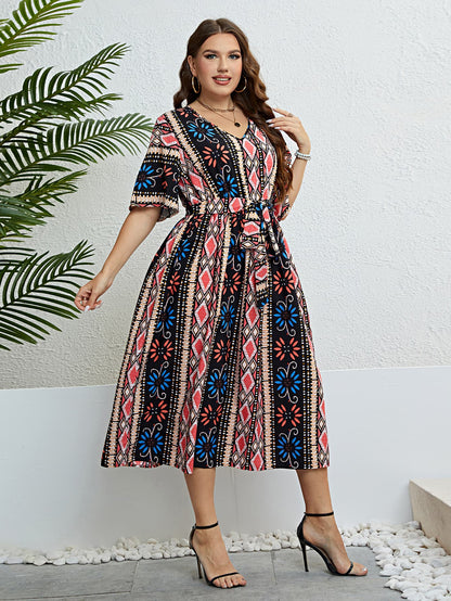 Plus Size Bohemian V-Neck Tie Belt Midi Dress-Angel Casuals