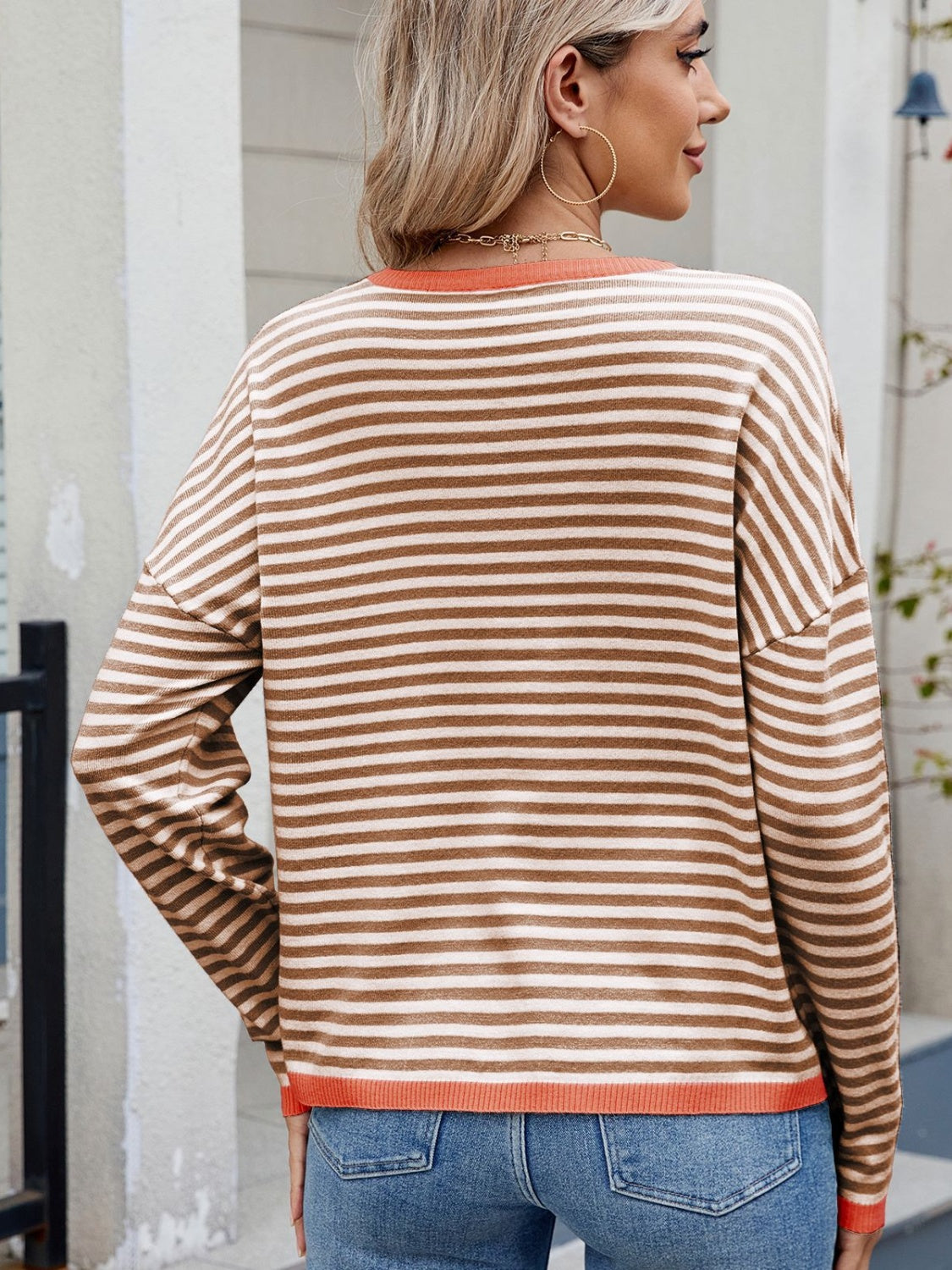 Striped Contrast Round Neck Long Sleeve Sweater-Angel Casuals