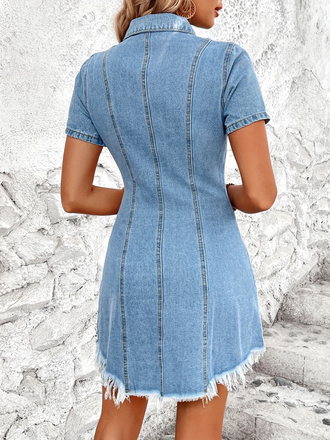 Raw Hem Button Up Short Sleeve Denim Dress-Angel Casuals