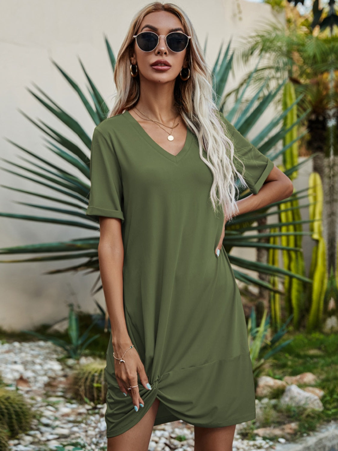 V-Neck Short Sleeve Mini Dress-Angel Casuals