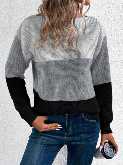 Color Block Drop Shoulder Long Sleeve Sweater-Angel Casuals