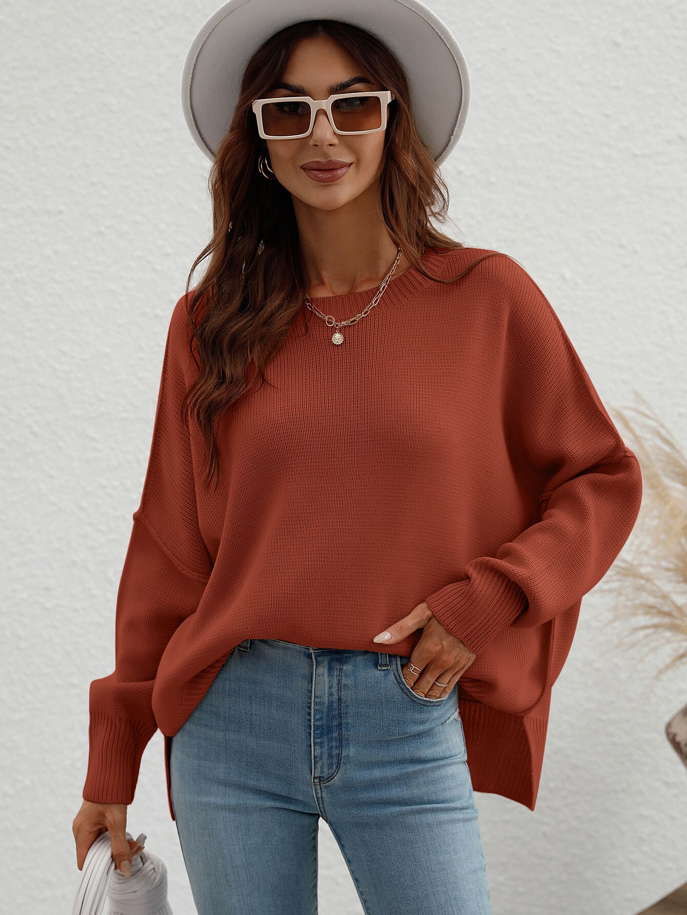 Exposed Seam Dropped Shoulder Slit Sweater-Angel Casuals