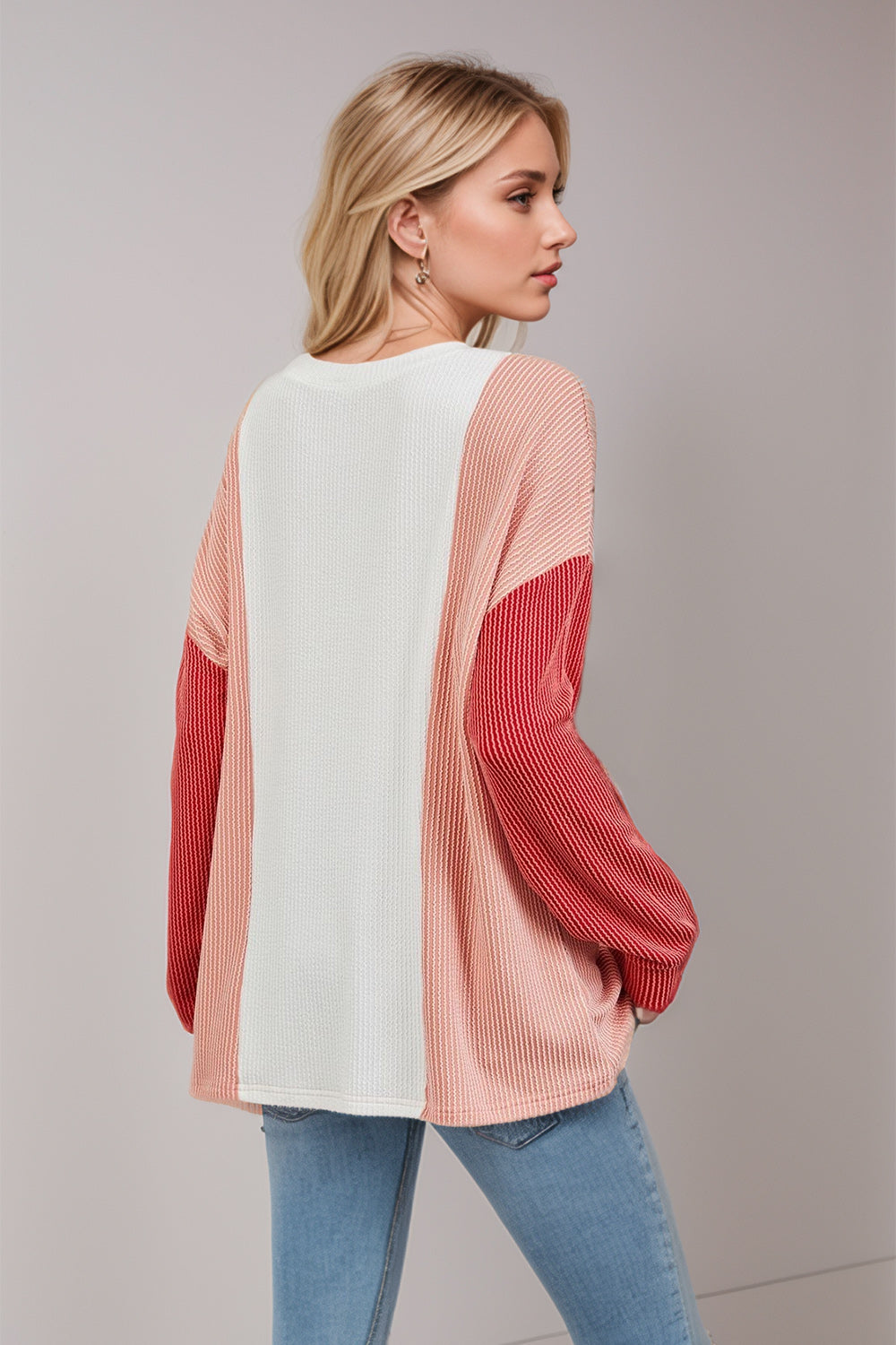 Double Take Texture Contrast Round Neck Long Sleeve T-Shirt-Angel Casuals