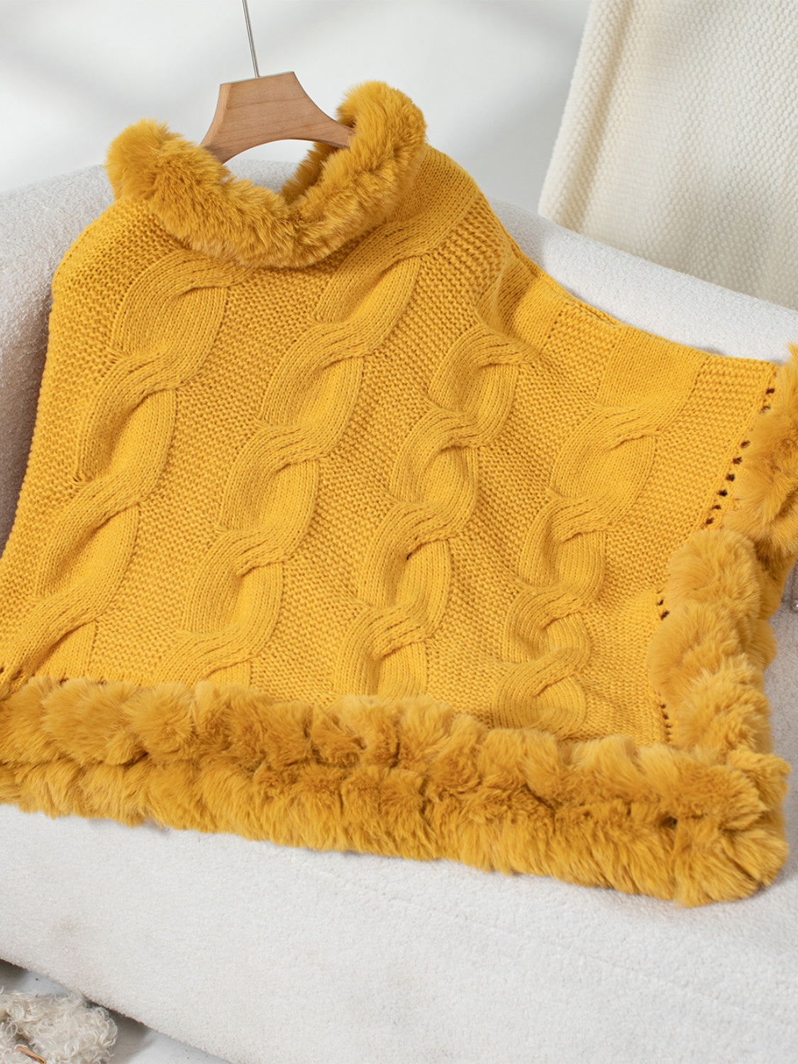 Fuzzy Hem Cable-Knit Poncho-Angel Casuals