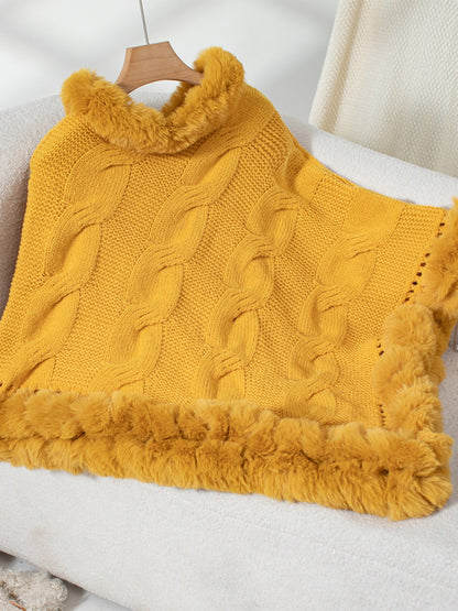 Fuzzy Hem Cable-Knit Poncho-Angel Casuals