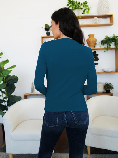 FAM-FAM Ruched Mock Neck Long Sleeve T-Shirt-Angel Casuals