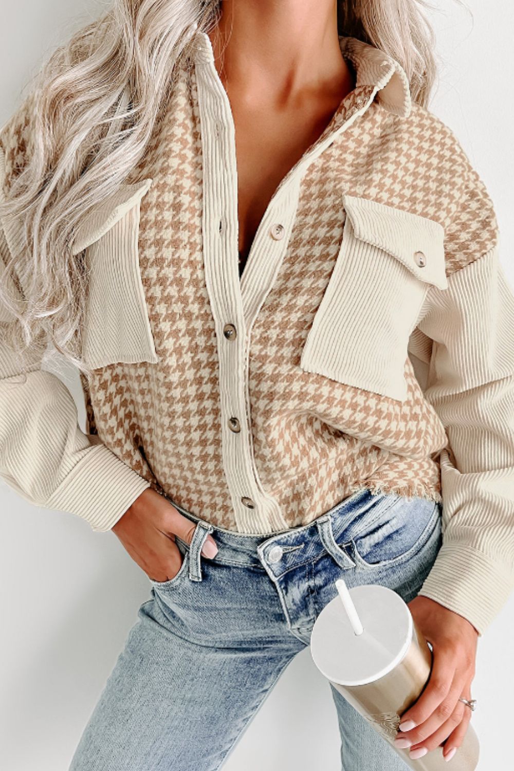 Houndstooth Button Up Long Sleeve Jacket-Angel Casuals