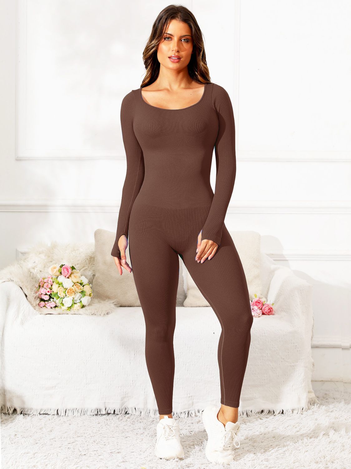 Scoop Neck Long Sleeve Active Jumpsuit-Angel Casuals