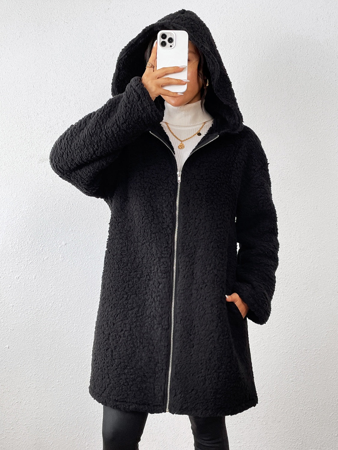 Zip Up Long Sleeve Sherpa Hooded Coat-Angel Casuals