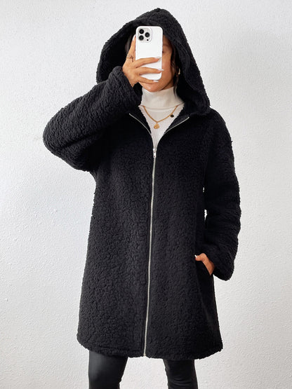 Zip Up Long Sleeve Sherpa Hooded Coat-Angel Casuals