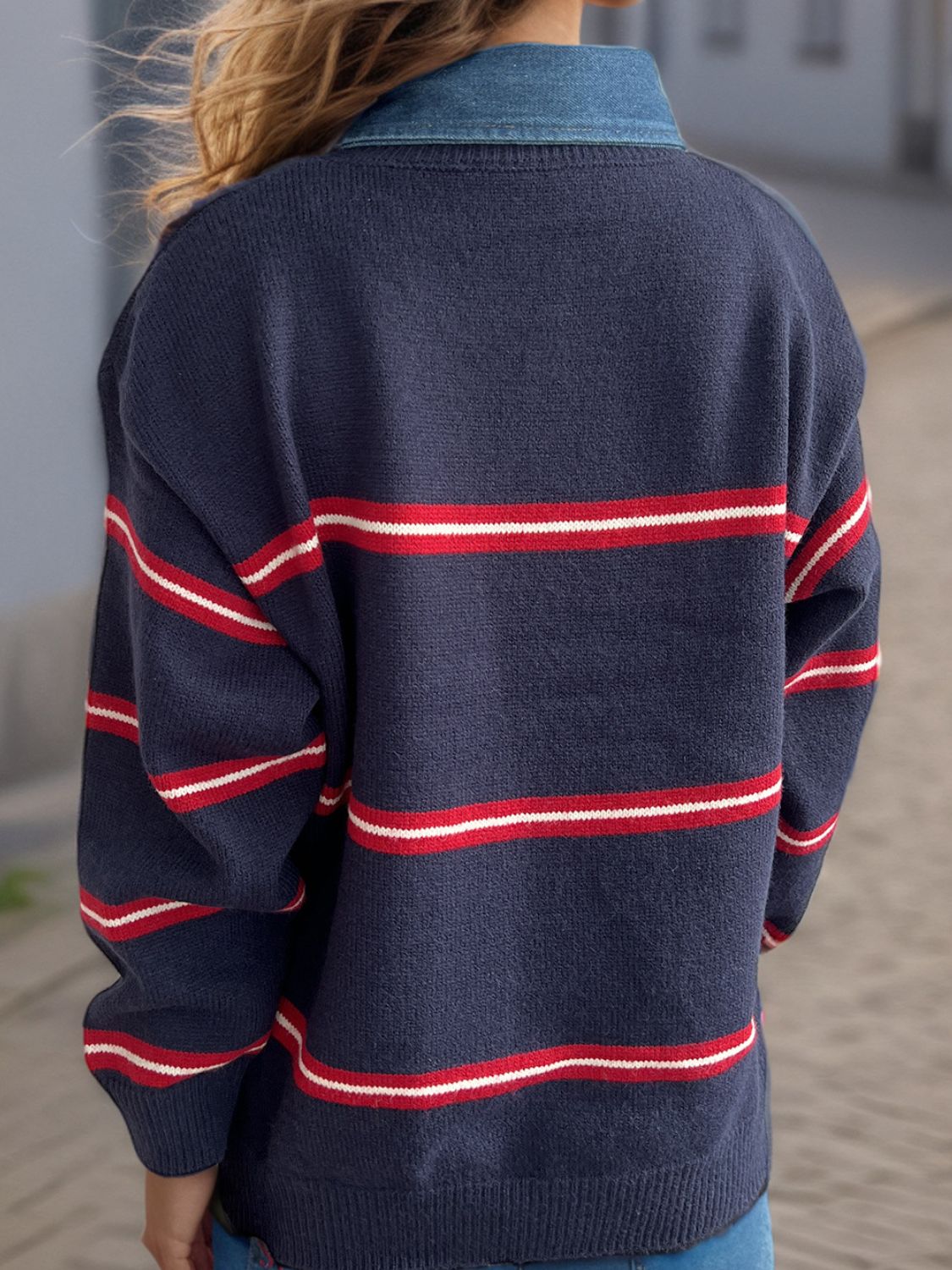 Contrast Stripes Round Neck Long Sleeve Sweater-Angel Casuals