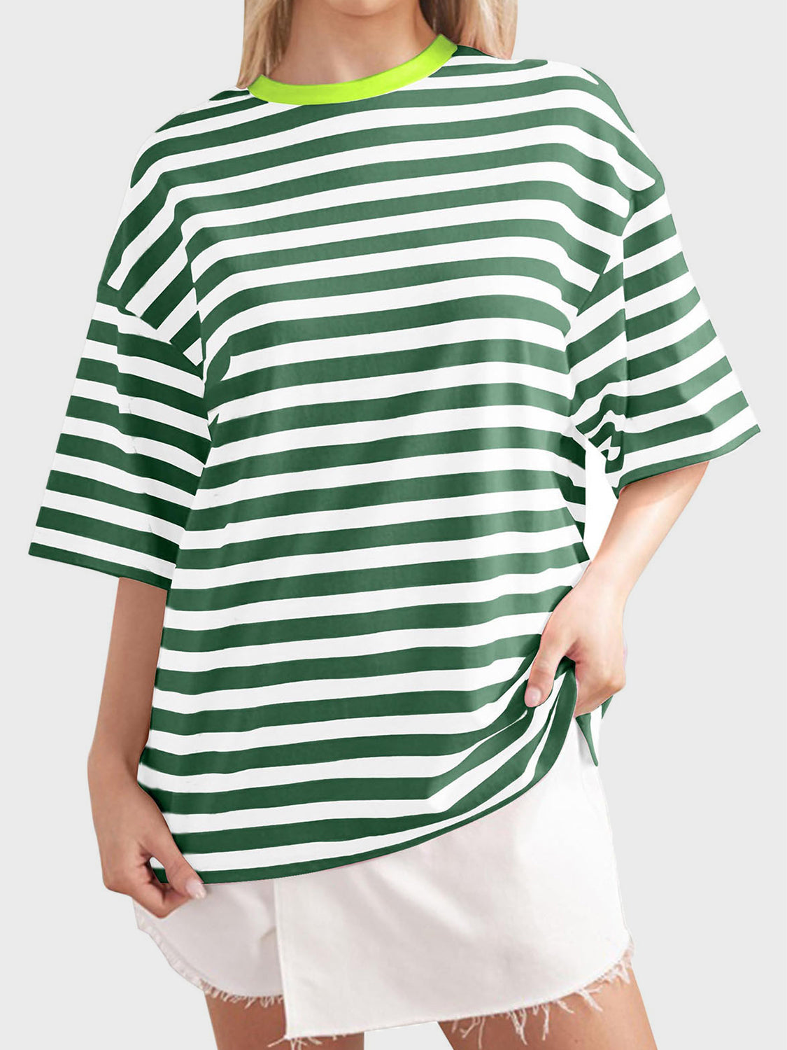 Striped Round Neck Half Sleeve T-Shirt-Angel Casuals