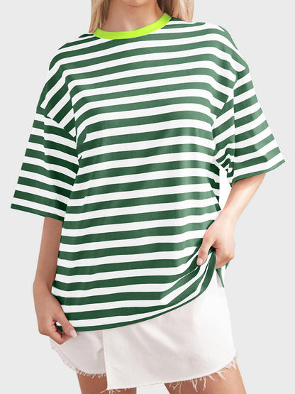 Striped Round Neck Half Sleeve T-Shirt-Angel Casuals