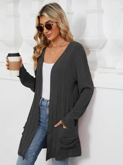 Pocketed Open Front Long Sleeve Cardigan-Angel Casuals