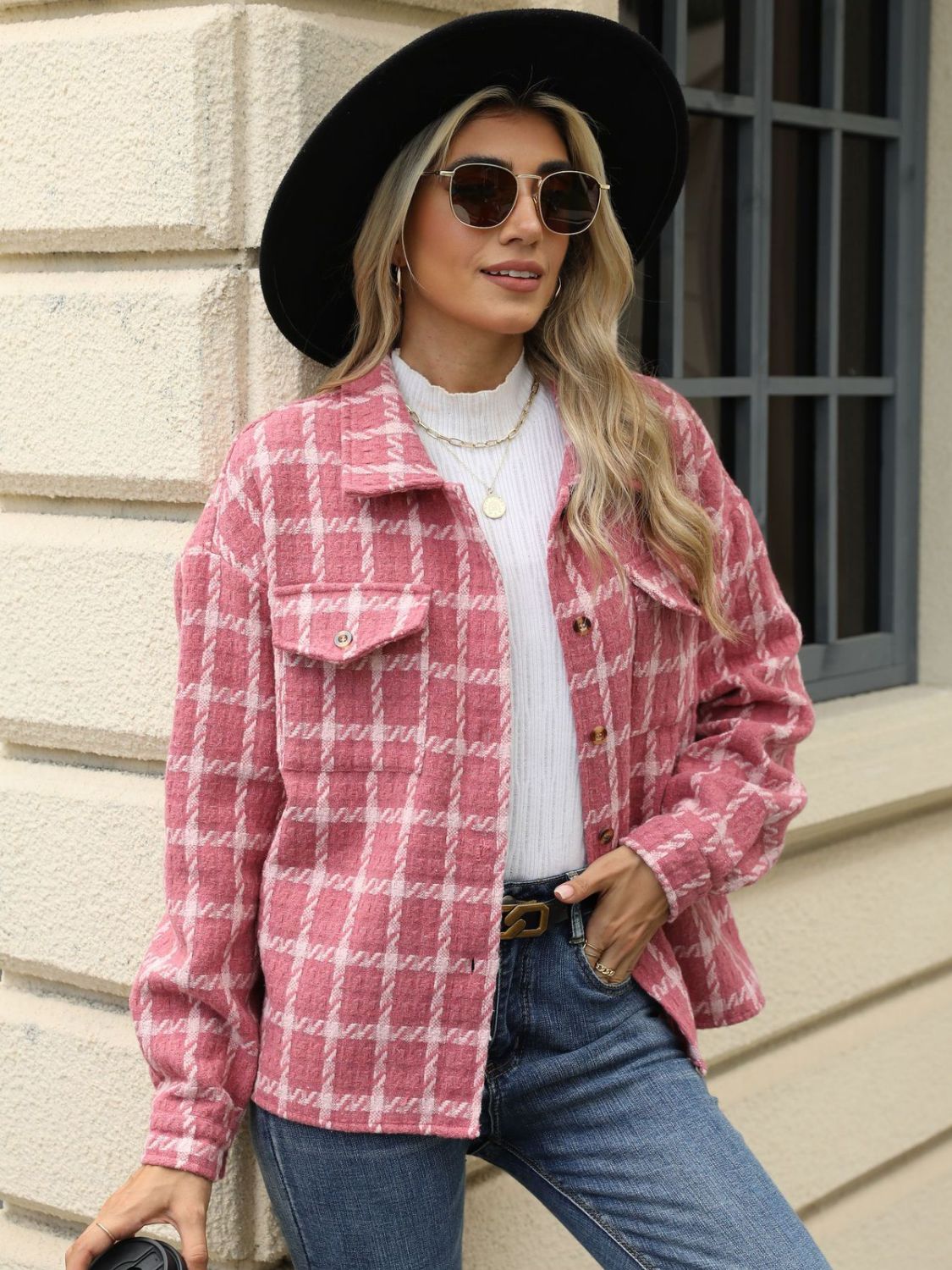 Plaid Collared Neck Long Sleeve Jacket-Angel Casuals