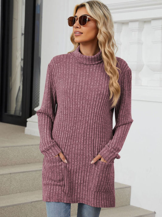 Ribbed Mock Neck Long Sleeve T-Shirt-Angel Casuals