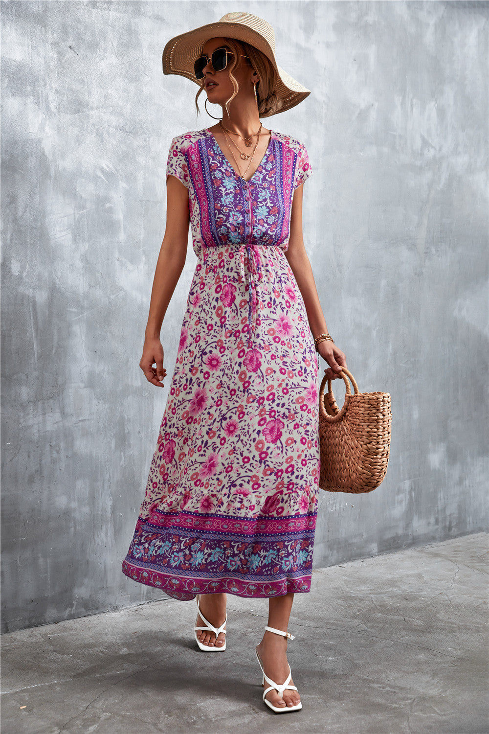 V-Neck Short Sleeve Printed Maxi Dress-Angel Casuals