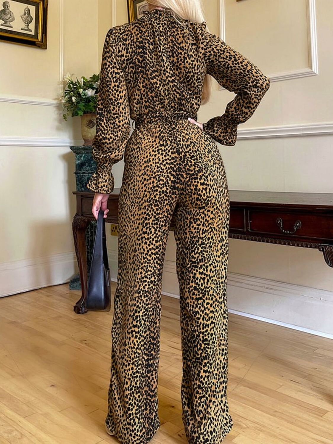 Leopard Flounce Sleeve Wide Leg Jumpsuit-Angel Casuals