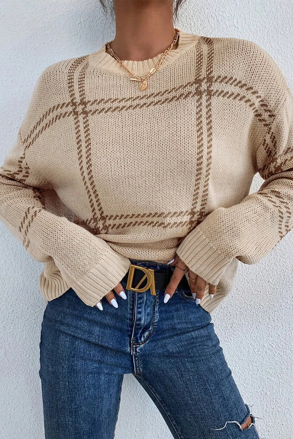 Plaid Round Neck Dropped Shoulder Sweater-Angel Casuals