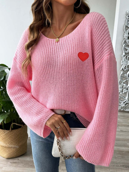 Heart Boat Neck Dropped Shoulder Sweater-Angel Casuals