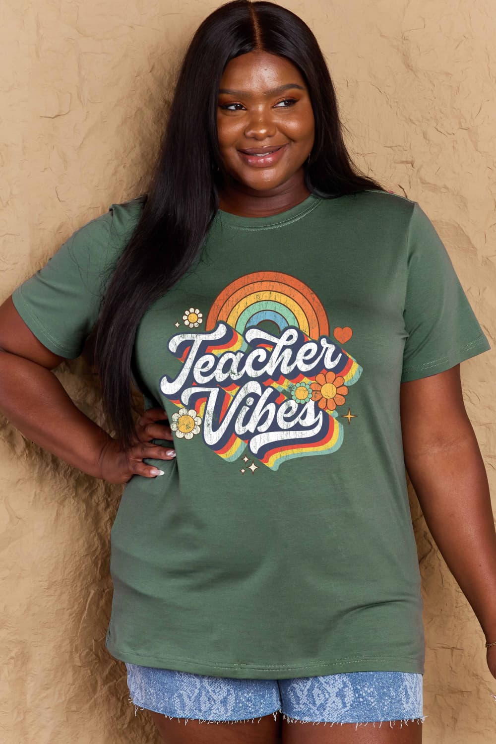 Simply Love Full Size TEACHER VIBES Graphic Cotton T-Shirt-Angel Casuals