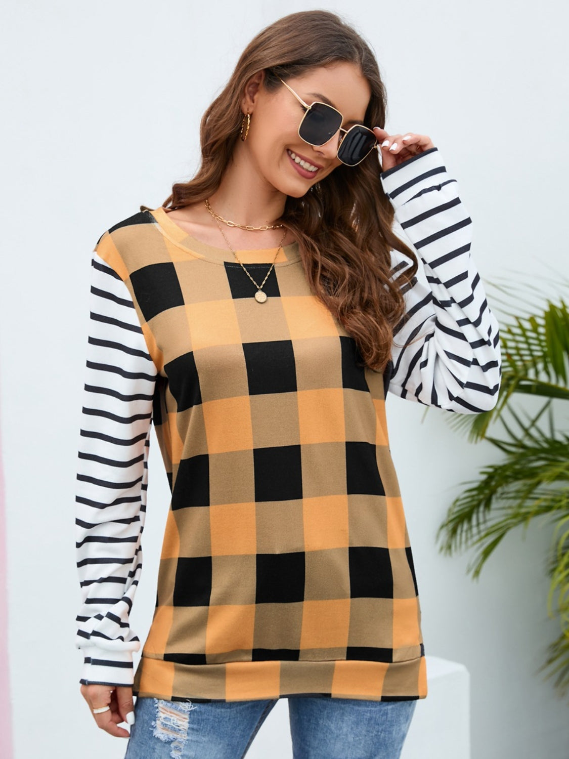 Plaid Striped Round Neck Long Sleeve T-Shirt-Angel Casuals