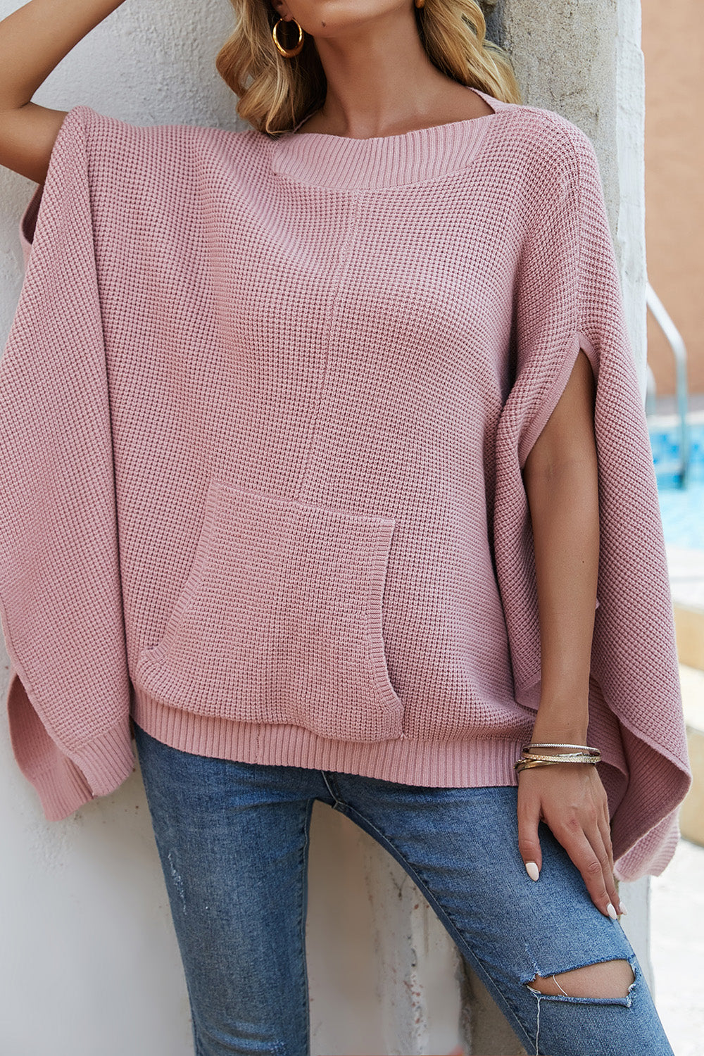 Waffle-Knit Pocketed Cape Sleeve Sweater-Angel Casuals