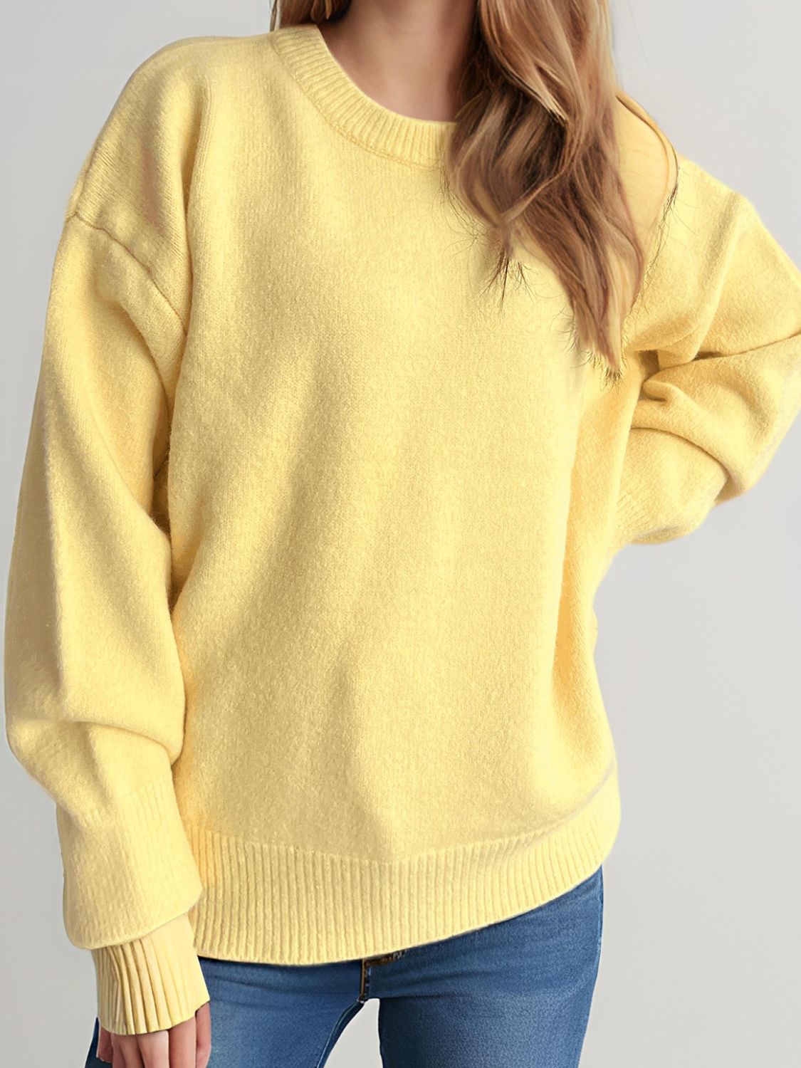 Round Neck Dropped Shoulder Long Sleeve Sweater-Angel Casuals