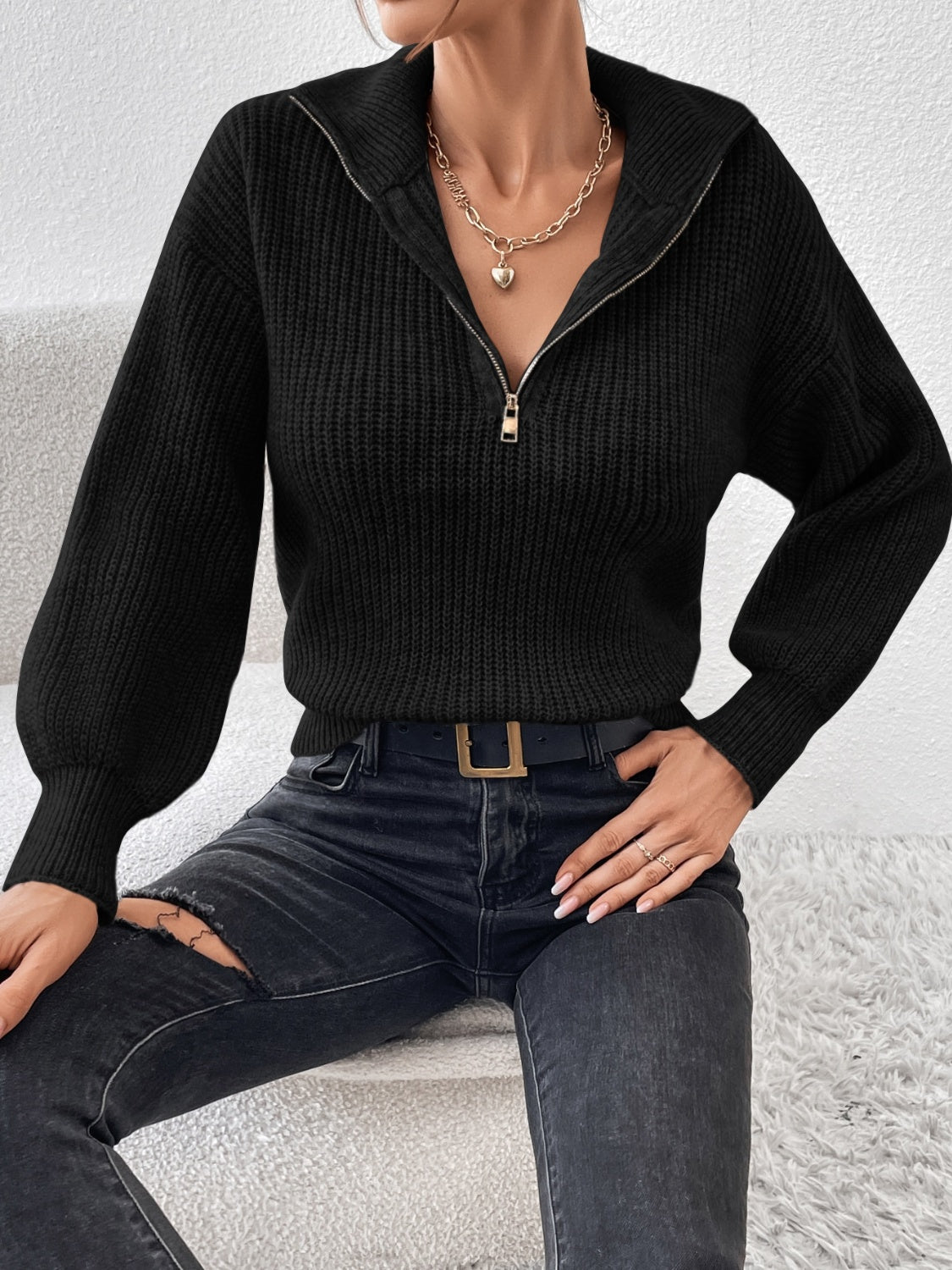 Honey Half Zip Dropped Shoulder Sweater-Angel Casuals