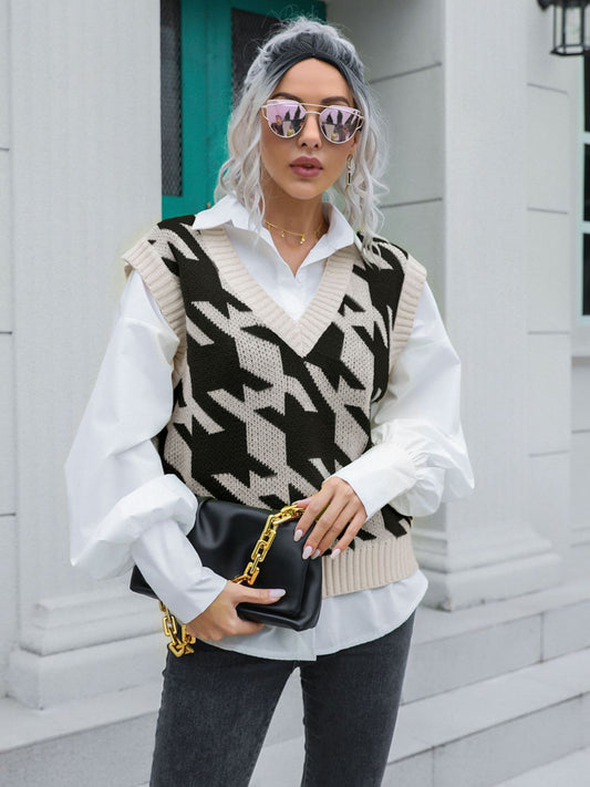 Houndstooth V-Neck Sweater Vest-Angel Casuals