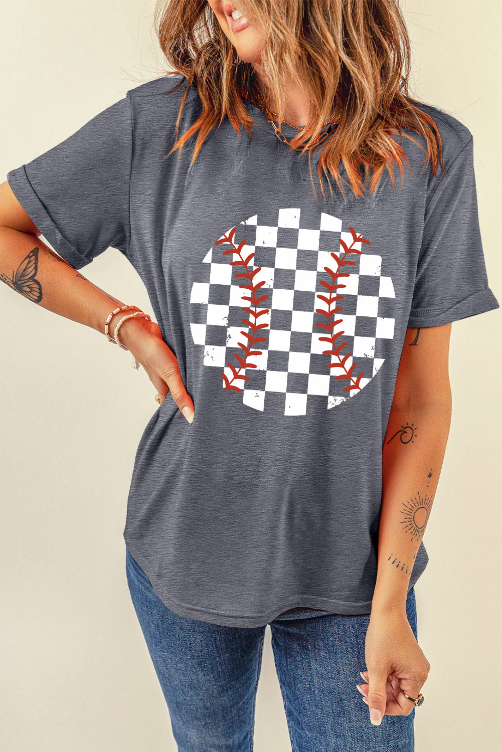 Checkered Graphic Round Neck Short Sleeve T-Shirt-Angel Casuals