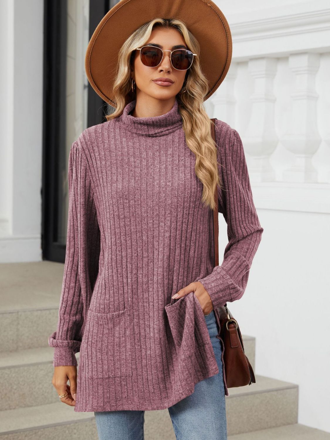 Slit Mock Neck Long Sleeve T-Shirt-Angel Casuals