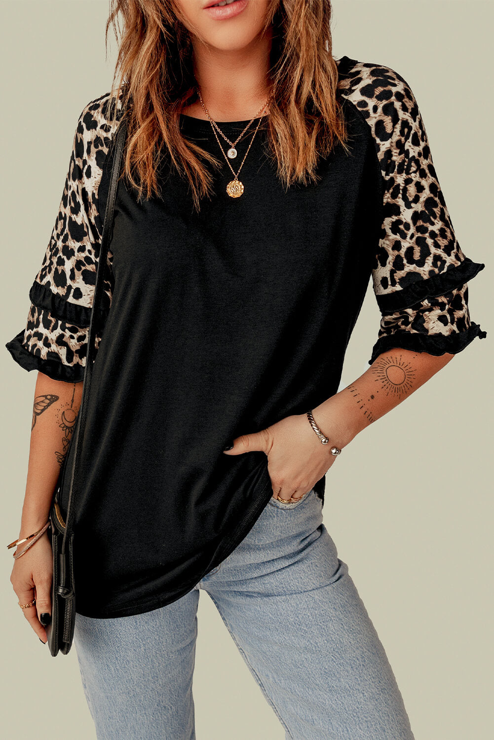 Leopard Contrast Ruffled Top-Angel Casuals