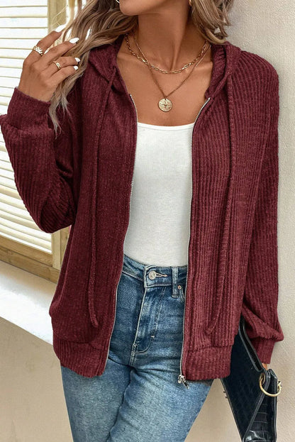 Drawstring Zip Up Long Sleeve Hooded Jacket-Angel Casuals