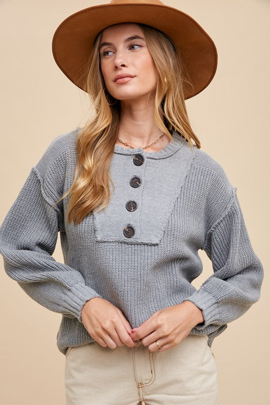 Annie Wear Half Button Ribbed Hem Sweater-Angel Casuals