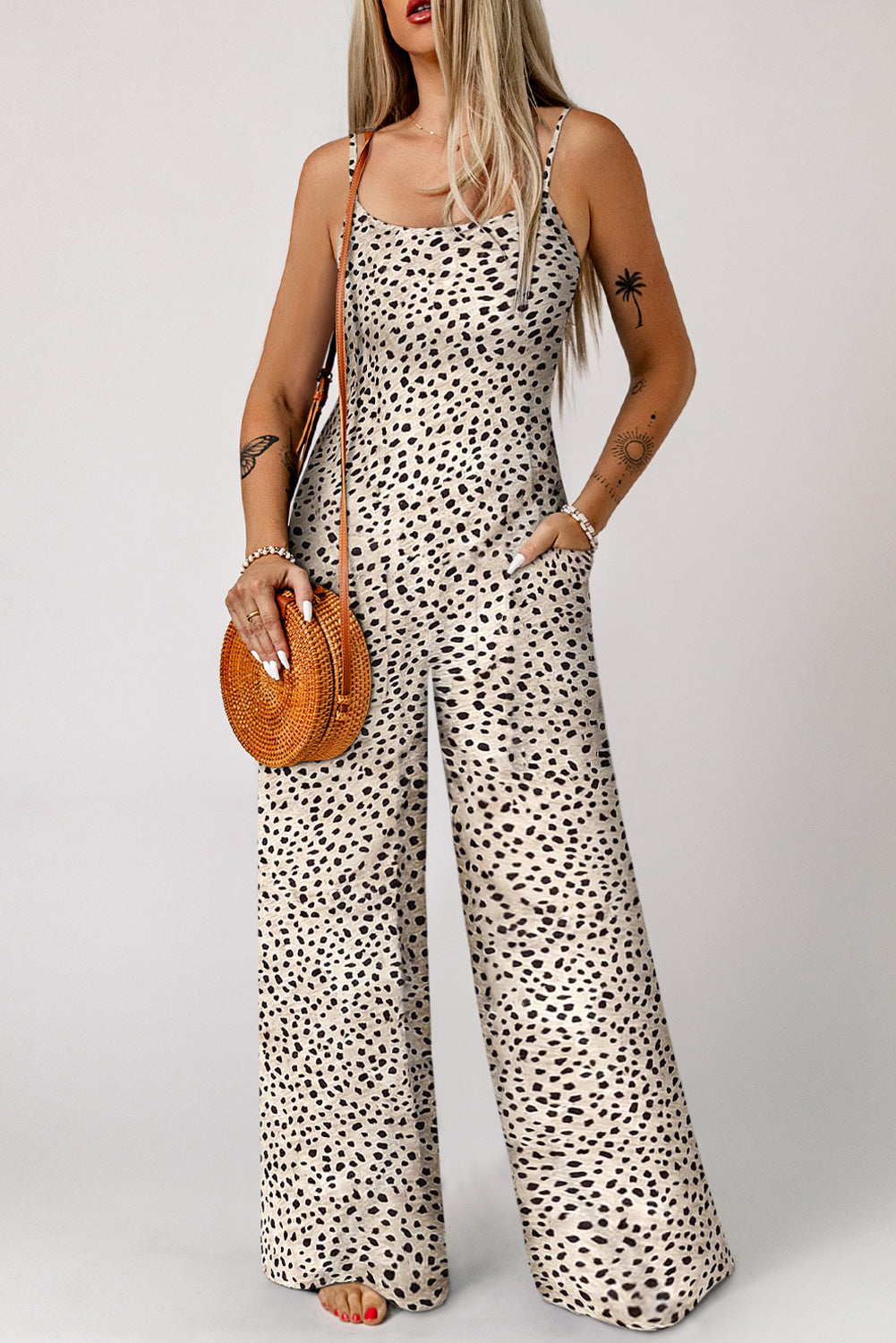 Printed Spaghetti Strap Jumpsuit with Pockets-Angel Casuals