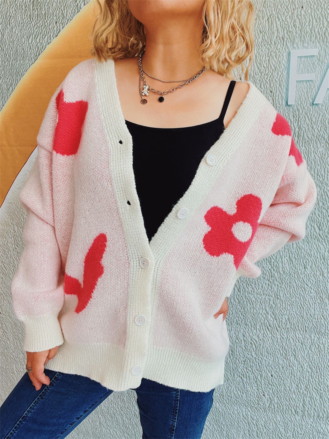 Flower Button Down V-Neck Long Sleeve Cardigan-Angel Casuals